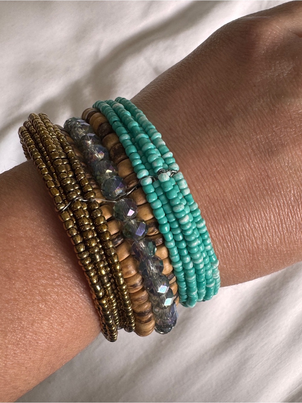 Beaded Multi-Strand Bracelet Stack - Turquoise, Gold, Wood